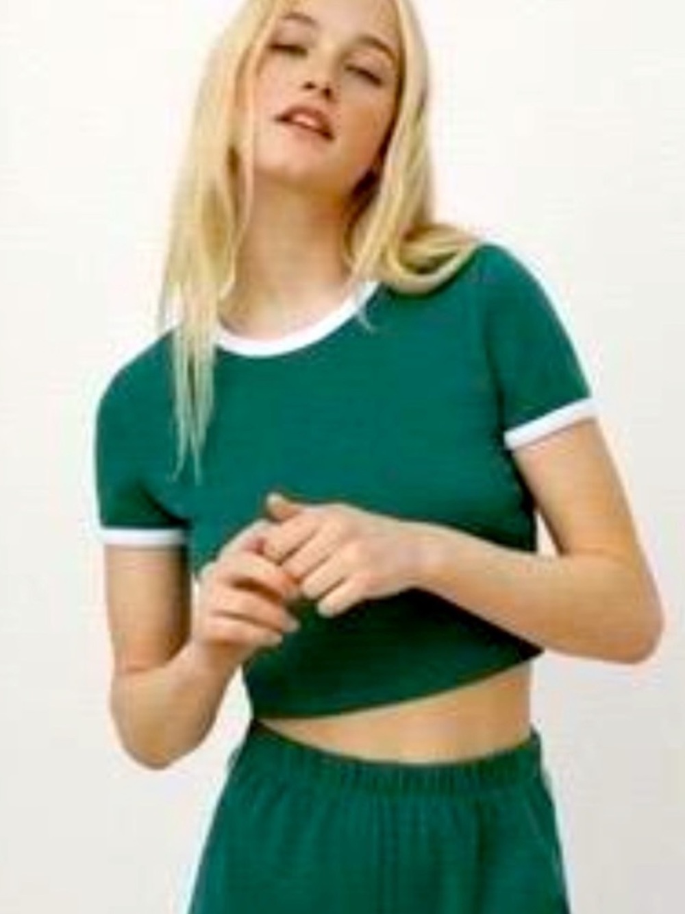 Zara Ringer Cropped Short Sleeve T-Shirt Green White Small